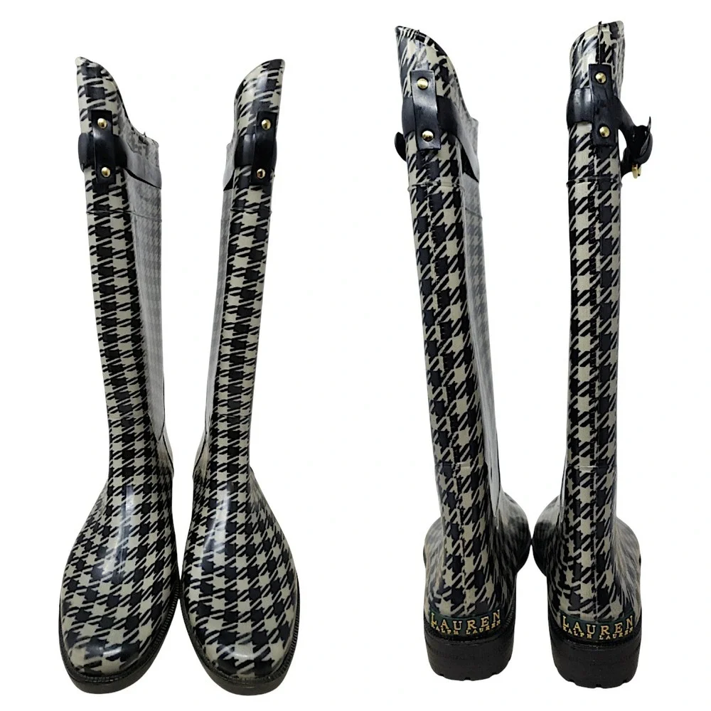 Lauren Ralph Lauren Rain Boots 10 Wom Rossalyn II Black Houndstooth Buckle Tall